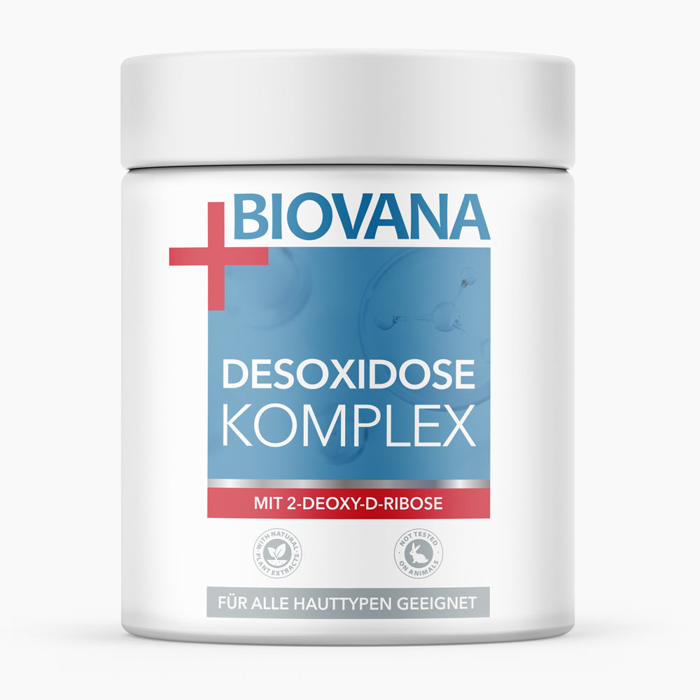 Biovana Desoxidose Komplex in weißer Dose mit blauem Etikett und rotem Streifen sowie zwei sichtbaren Icons