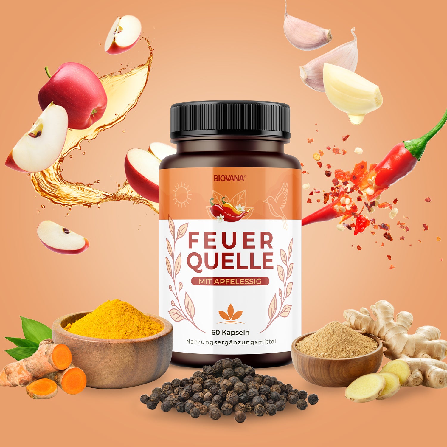 Biovana Feuerquelle Dose mit Apfelessig, Kurkuma, Ingwer, Chili, Knoblauch und Pfeffer