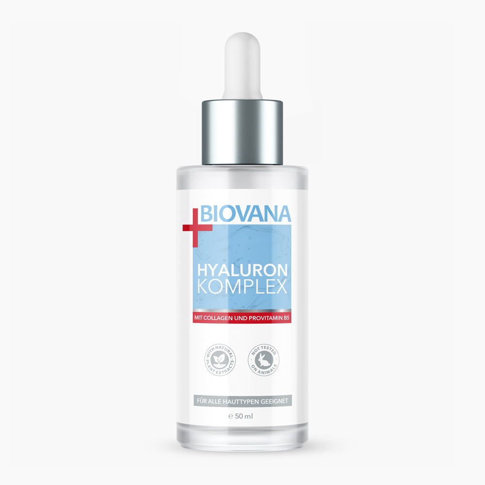 Klare Flasche mit Pipette und blauem Etikett Biovana Hyaluron Komplex 50 ml sowie zwei Icons unten sichtbar