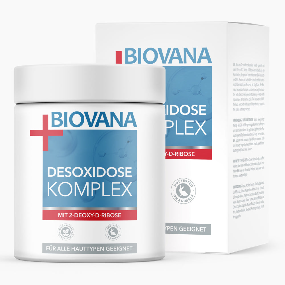 Weiße Dose mit blauem Etikett Biovana Desoxidose Komplex 100 ml vor passender Faltschachtel mit blauem Feld