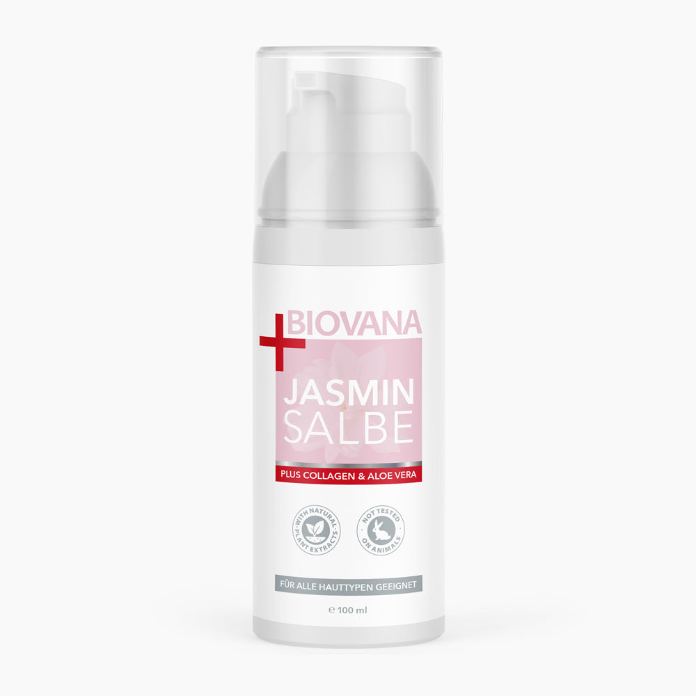 Weiße Pumpspenderflasche mit rosa Etikett Biovana Jasminsalbe 100 ml und zwei runde Icons unten sichtbar