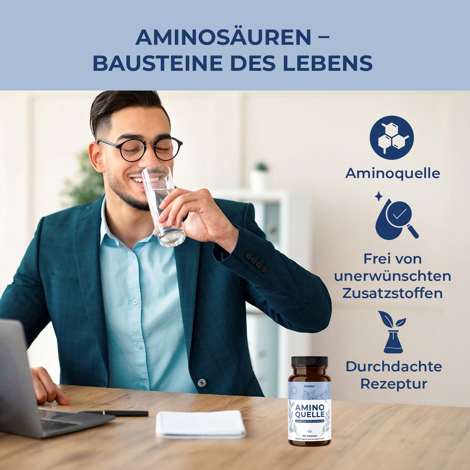 Biovana Aminoquelle Produktbild mit Mann im Büro, Text zu Aminosäuren und durchdachter Rezeptur