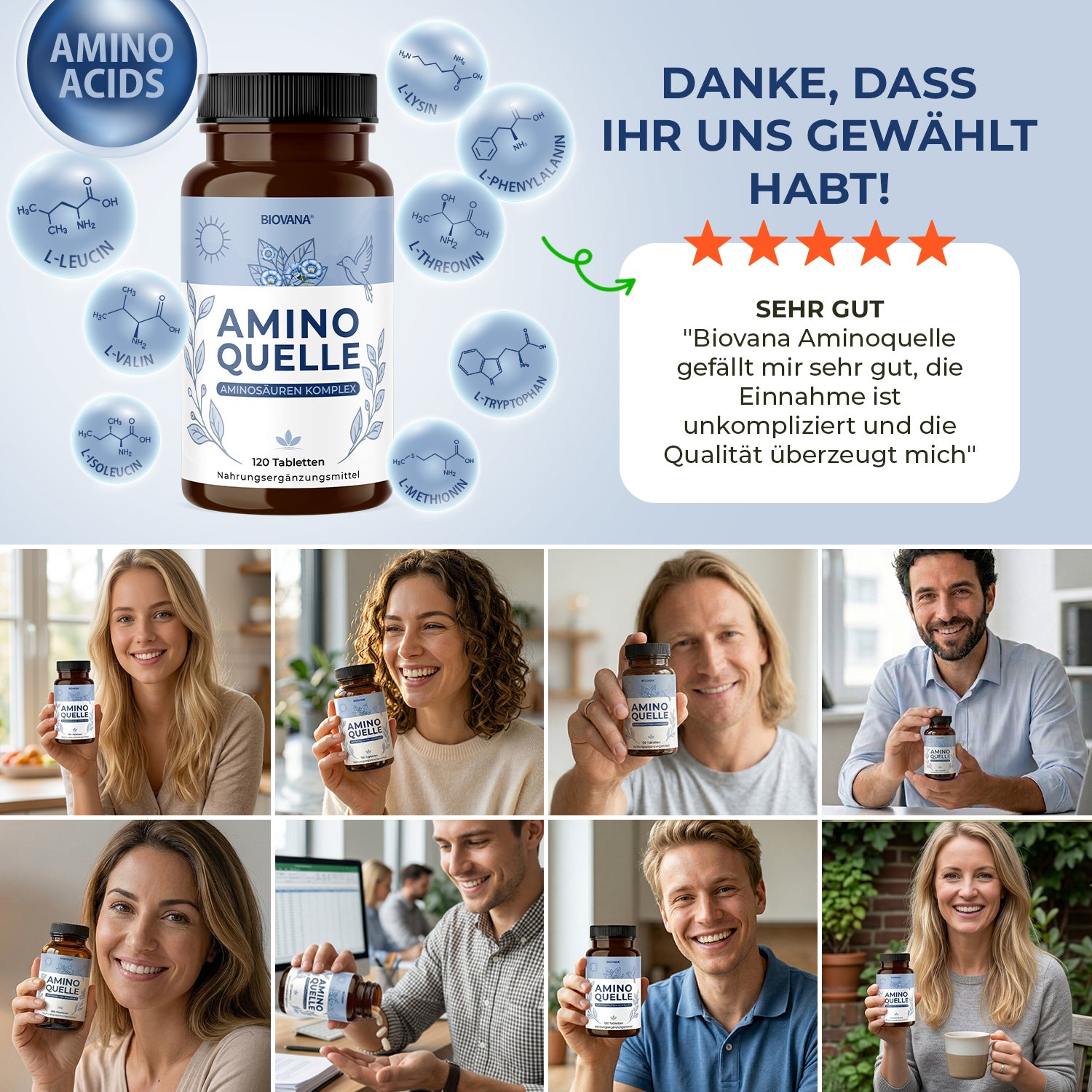 Biovana Aminoquelle Werbegrafik mit Dose, Aminosäuren, Sternebewertung und Kundenbildern
