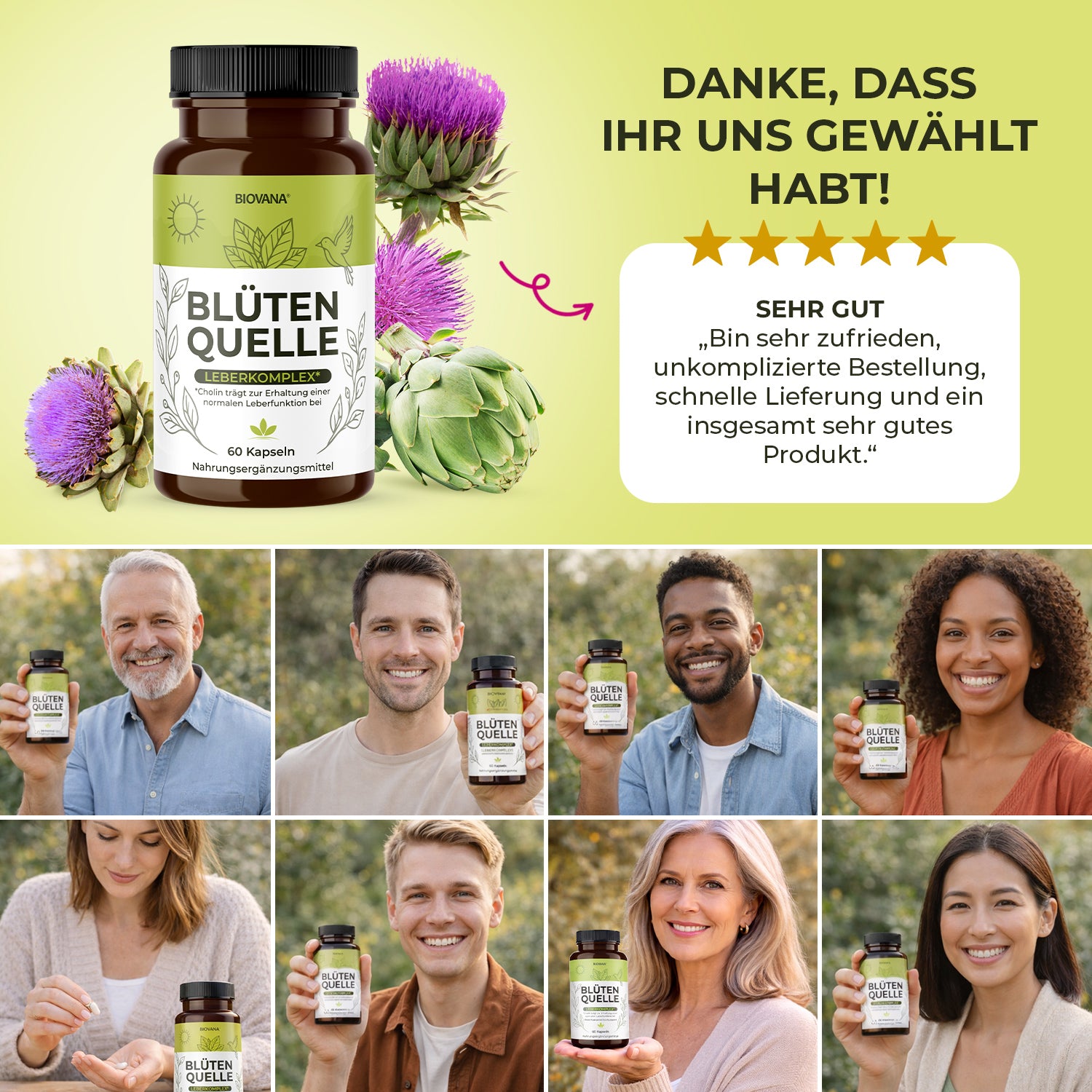 Blütenquelle Anzeige mit Produkt, Artischocken, Kundenbildern, Sternebewertung und Dankesbotschaft