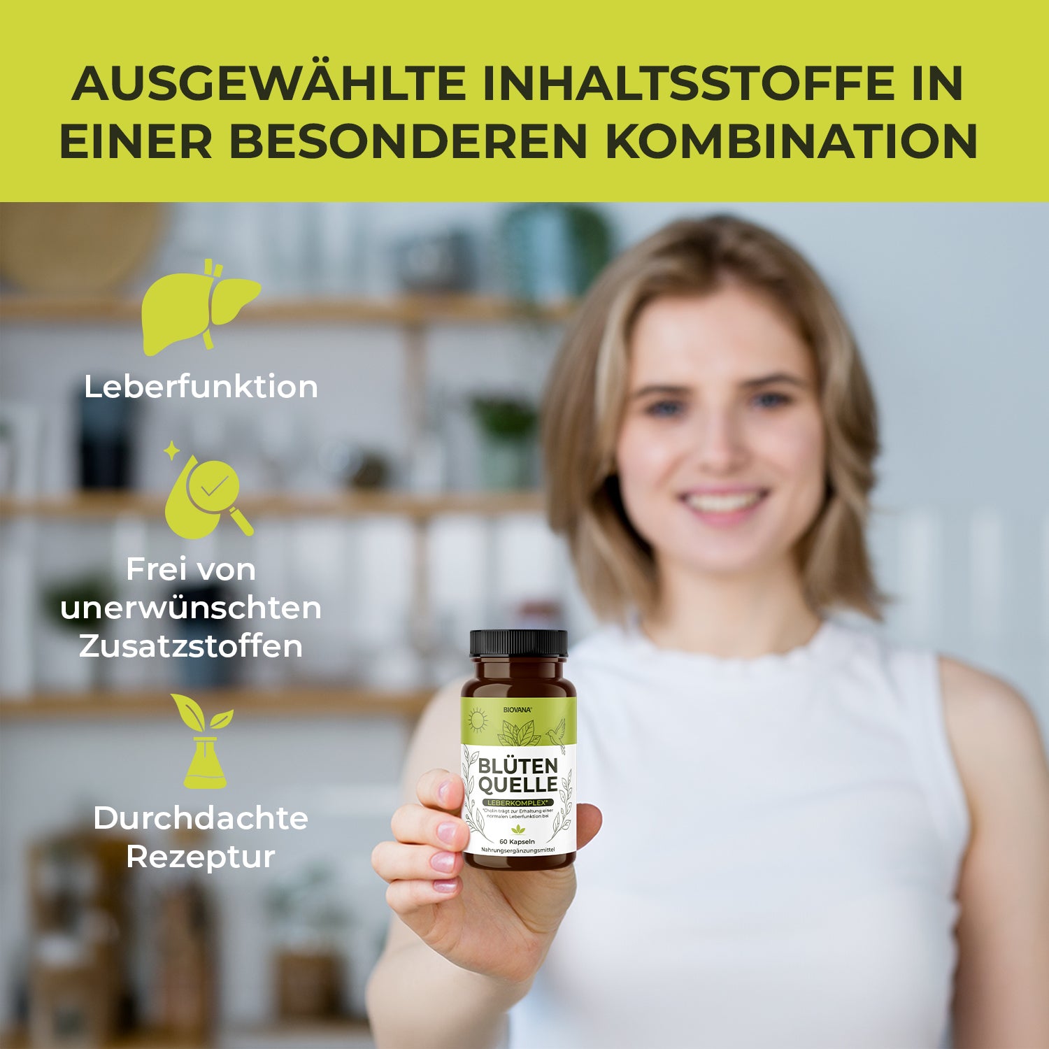 Blütenquelle Produktbild mit Frau, Dose und Hinweisen zu Leberfunktion und durchdachter Rezeptur