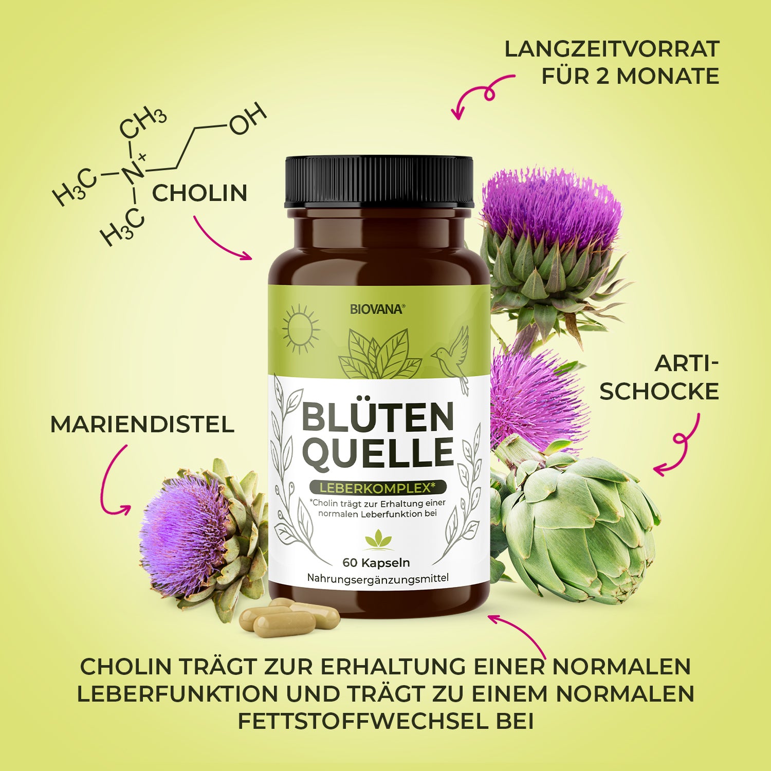 Biovana Blütenquelle mit Mariendistel, Artischocken und Cholin als Produktinszenierung gezeigt