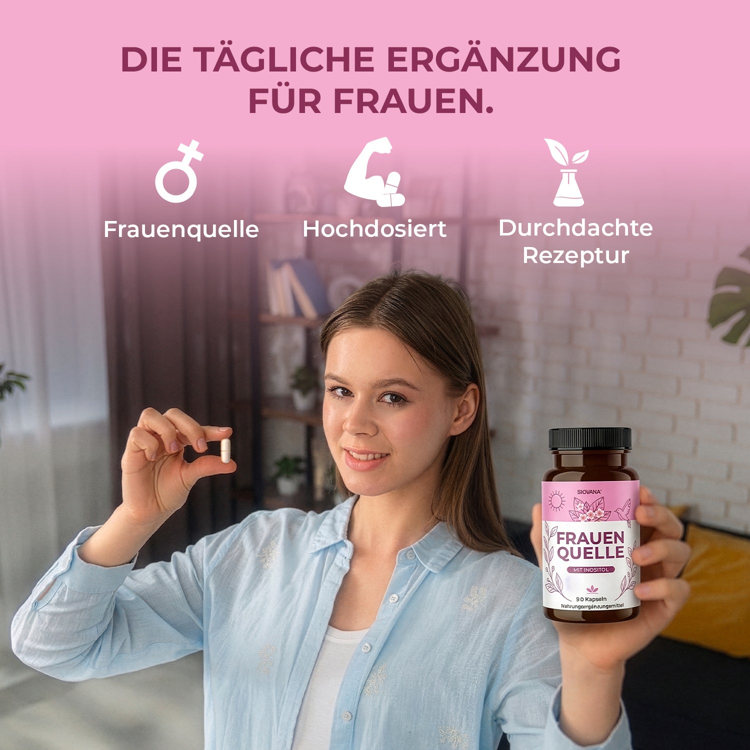 Frauenquelle Produktbild mit Frau, Kapsel und Dose, Text zur täglichen Ergänzung für Frauen