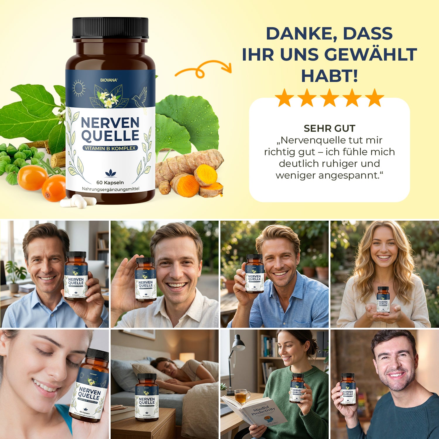 Biovana Nervenquelle Werbegrafik mit Dose, Sternebewertung und Kundenbildern