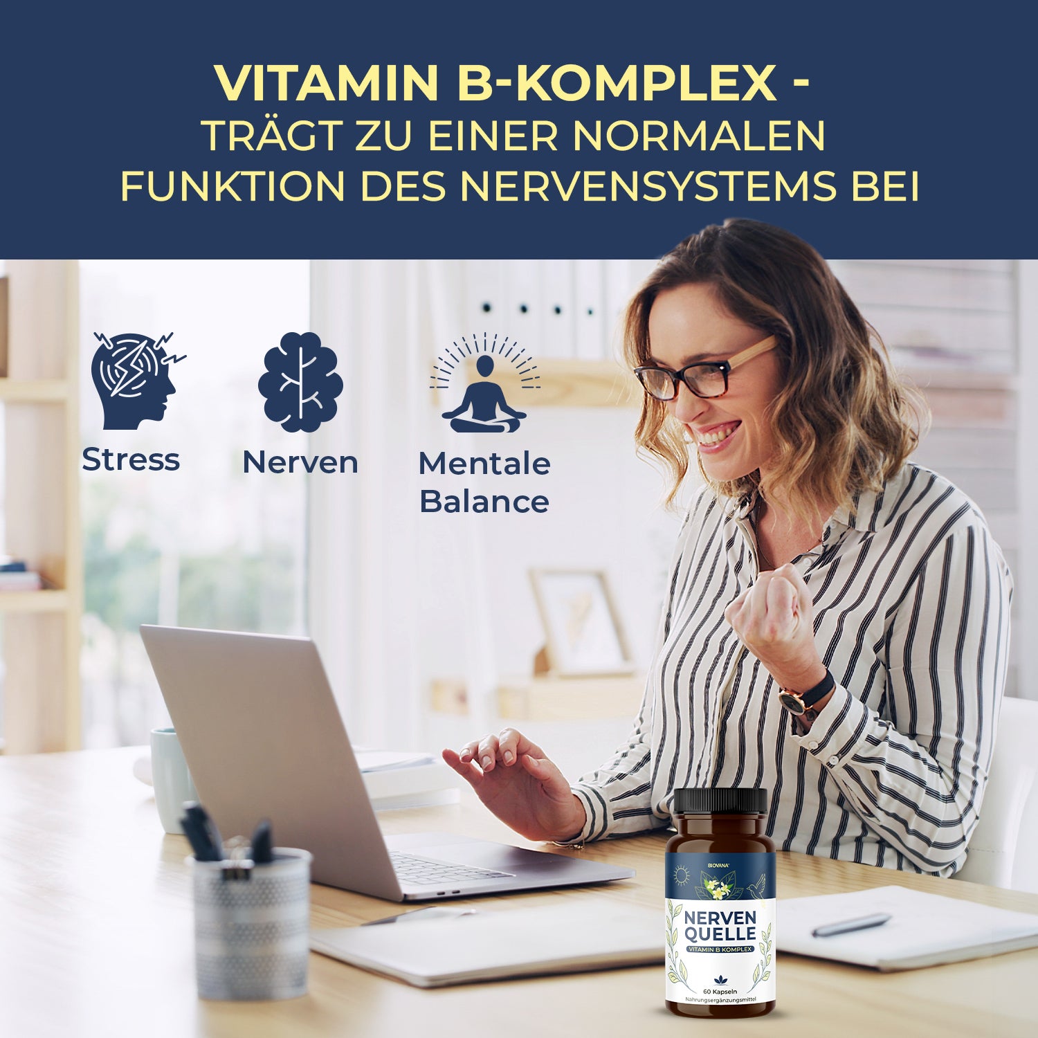 Produktbild Nervenquelle mit Vitamin-B-Komplex, Frau am Laptop und Hinweis auf Nervensystem