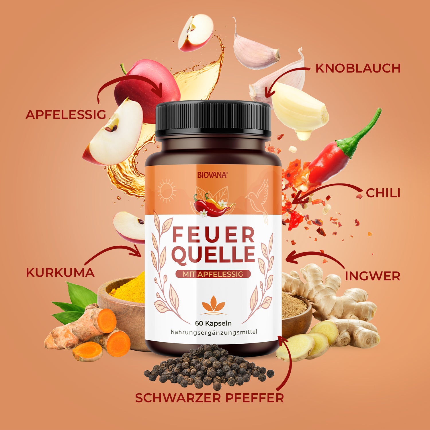 Biovana Feuerquelle Dose mit markierten Zutaten Apfelessig, Knoblauch, Chili, Ingwer und Kurkuma
