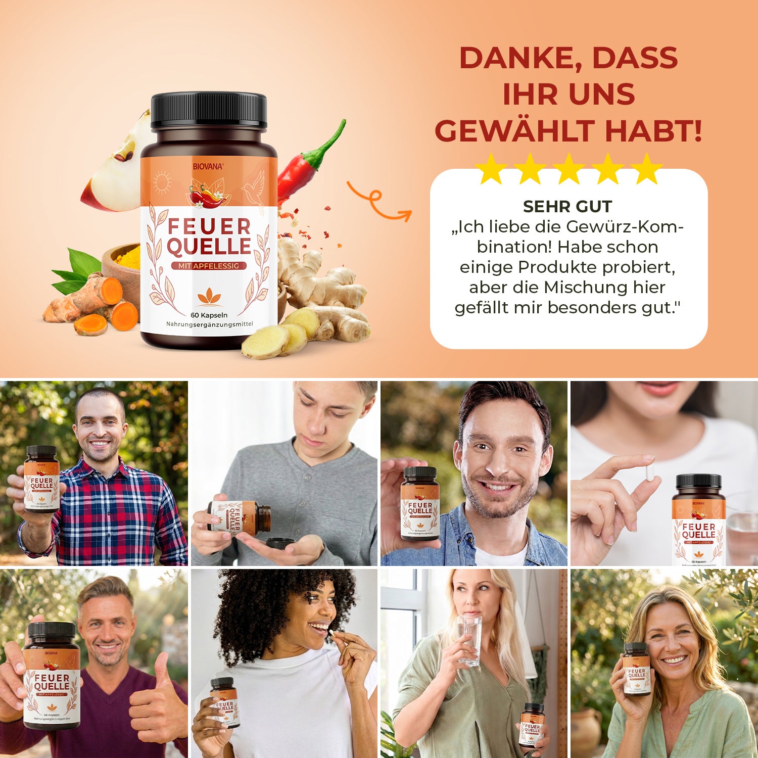Biovana Feuerquelle Anzeige mit Produkt, Menschen, Sternebewertung und Zitat zur Gewürzmischung