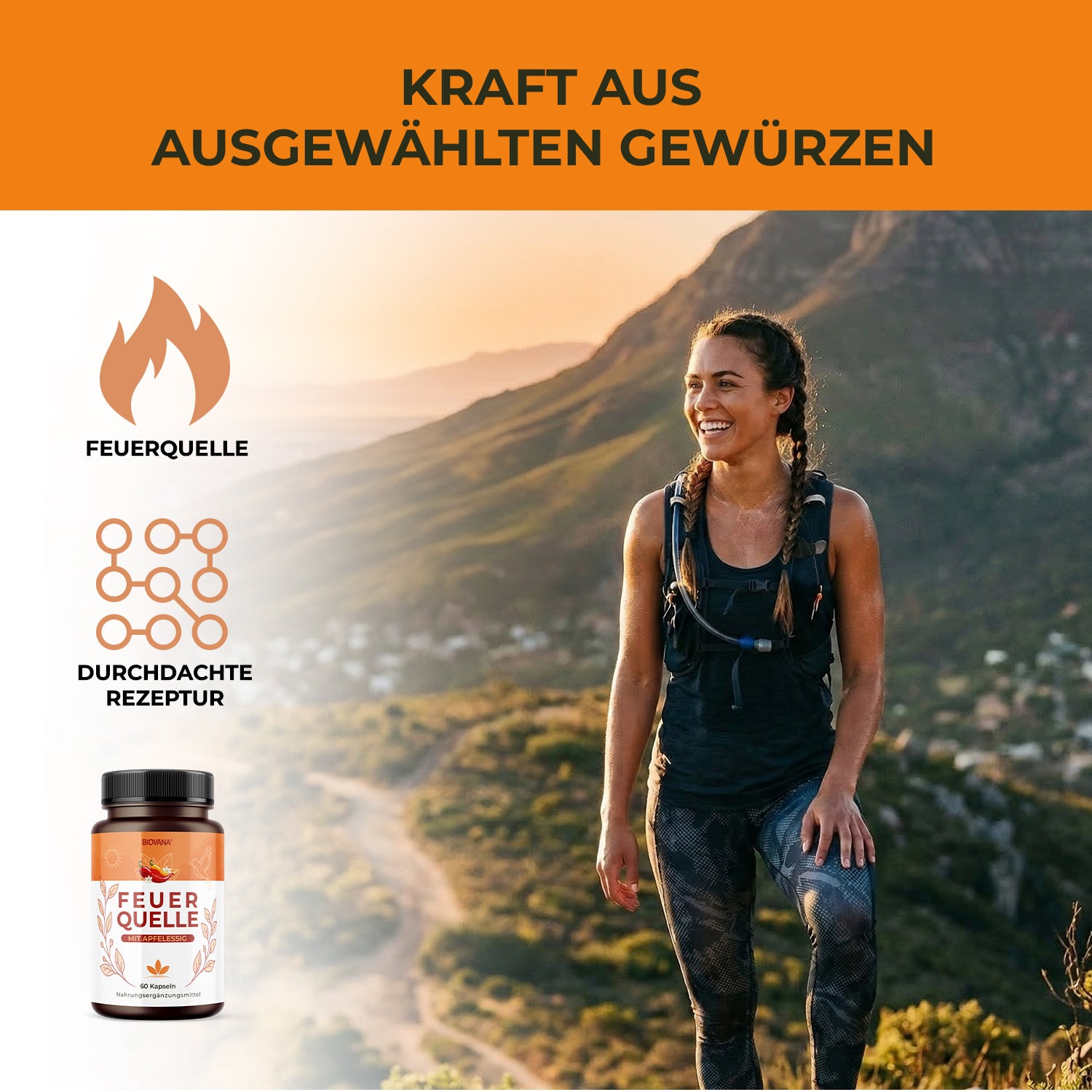 Biovana Feuerquelle Produktbild mit Wanderin, Gewürz-Komplex und Hinweis auf durchdachte Rezeptur