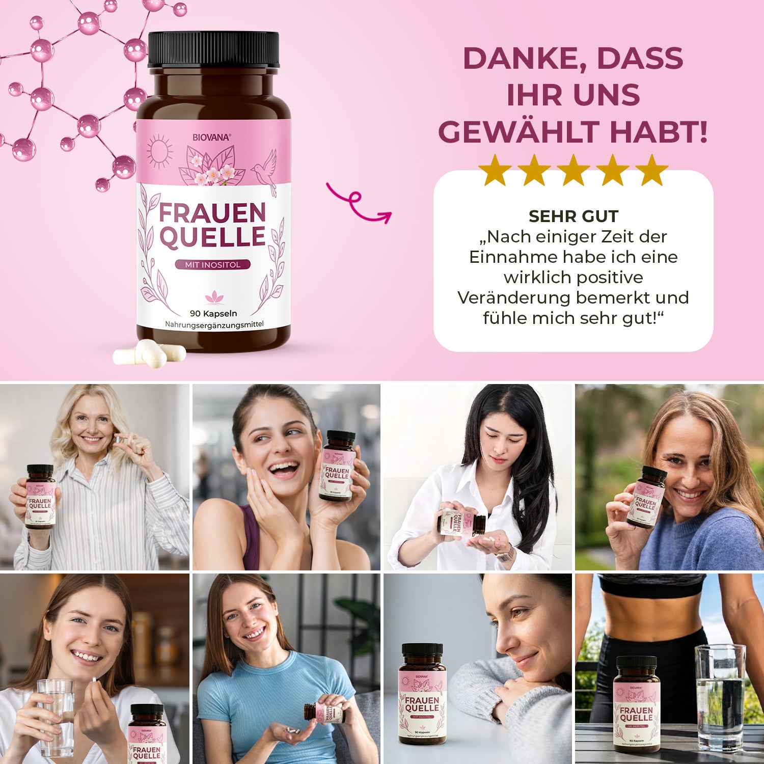 Frauenquelle Werbegrafik mit Produktdose, Frauenbildern, Sternebewertung und Dankesbotschaft