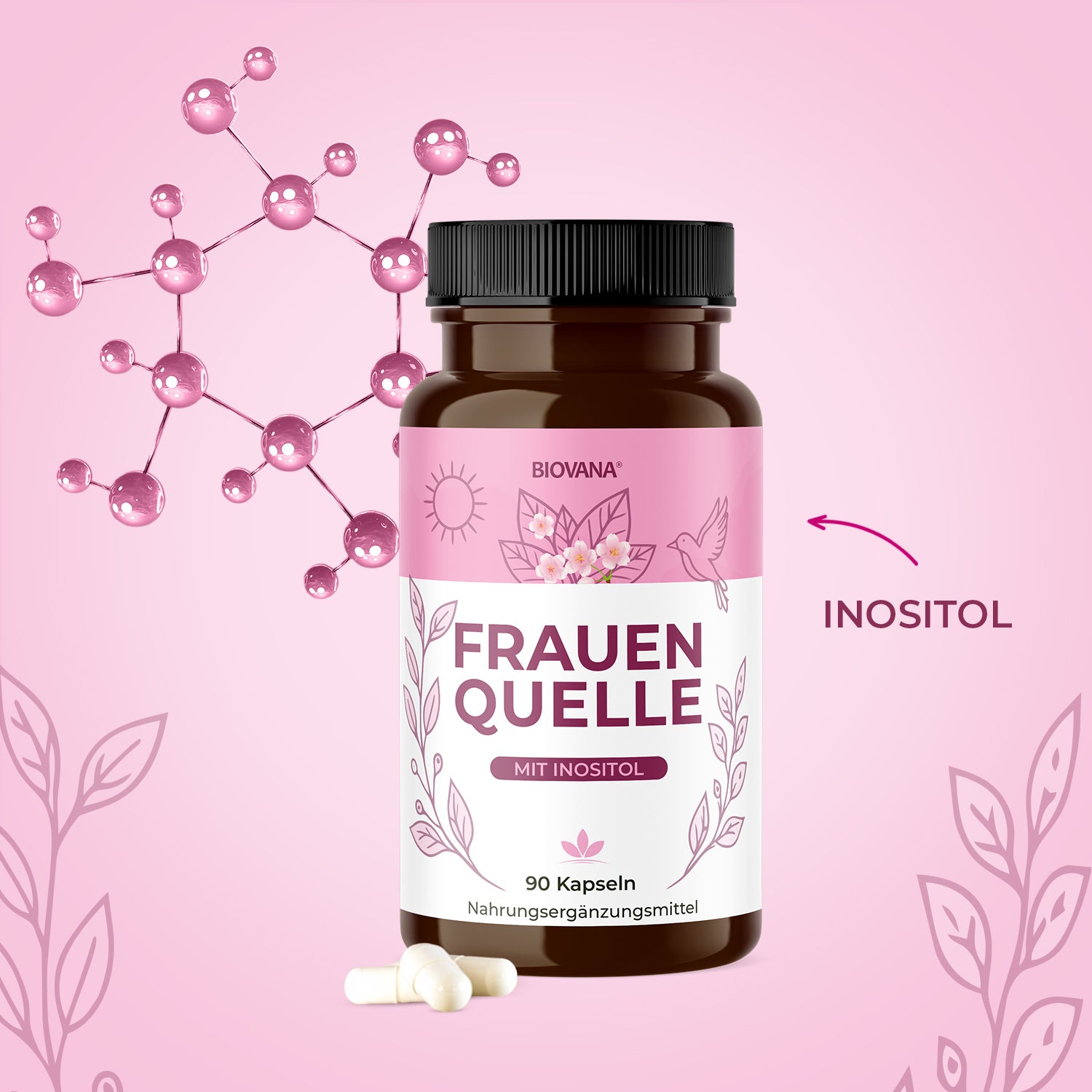 Frauenquelle Dose mit Inositol-Hinweis, rosa Hintergrund, Molekülgrafik und Kapseln davor
