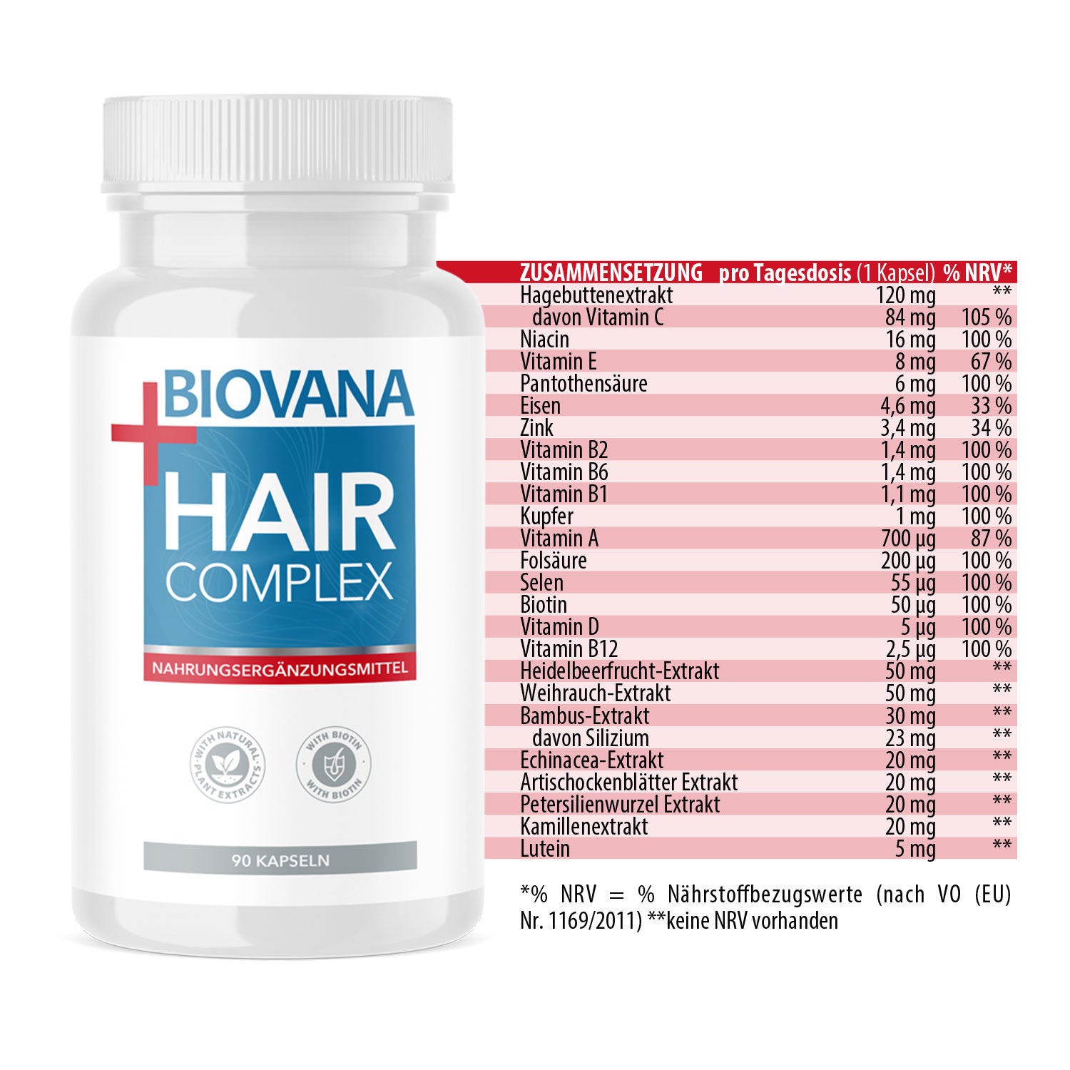 Dose mit Aufschrift BIOVANA Hair Complex neben Tabelle mit Inhaltsstoffen und Nährwertangaben