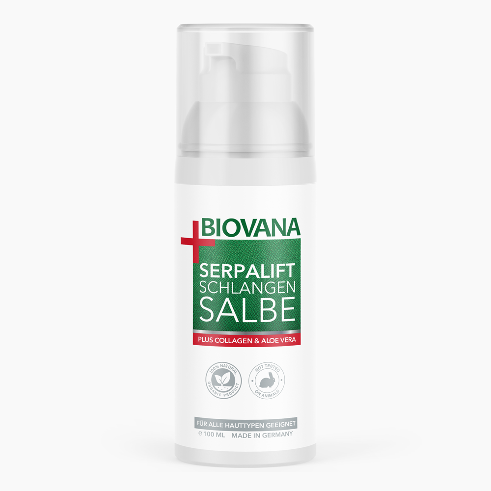Weiße Pumpspenderflasche mit grünem Etikett Biovana Serpalift Schlangensalbe 100 ml und zwei Icons unten