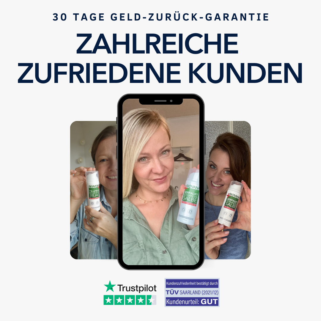 Drei Personen halten Biovana Salbe in Fotos mit Smartphone in der Mitte und Text Zahlreiche zufriedene Kunden