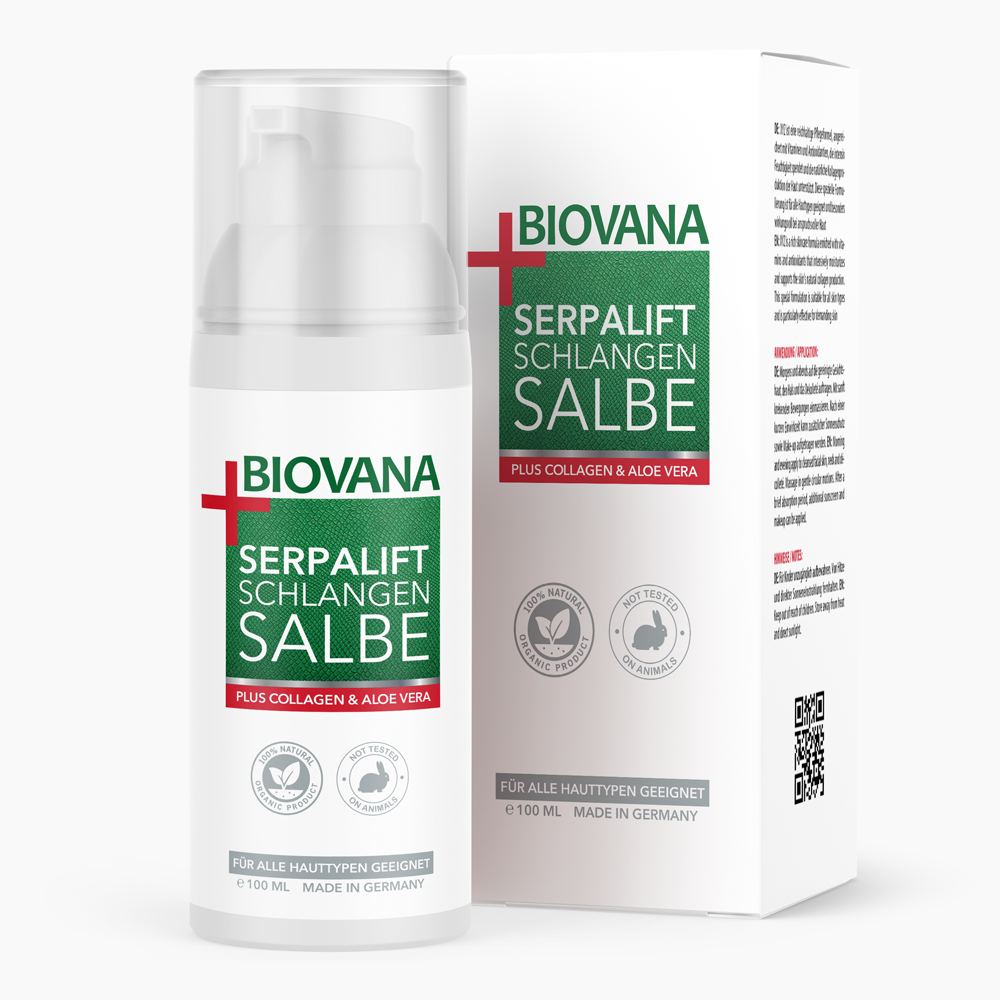 Weiße Pumpspenderflasche mit grünem Etikett Biovana Serpalift Schlangensalbe 100 ml vor passender Faltschachtel
